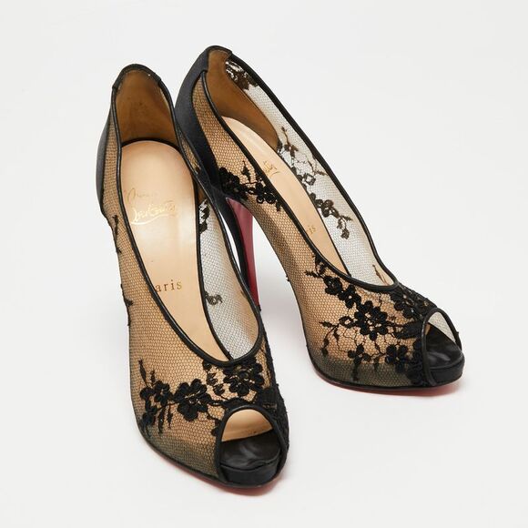 Christian Louboutin Black Lace and Satin Fetilo Peep-Toe Pumps Size 38 - Picture 4 of 4